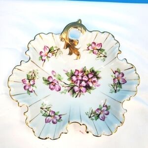 Vintage Trimont white ceramic fluted dish with lavender flower pattern